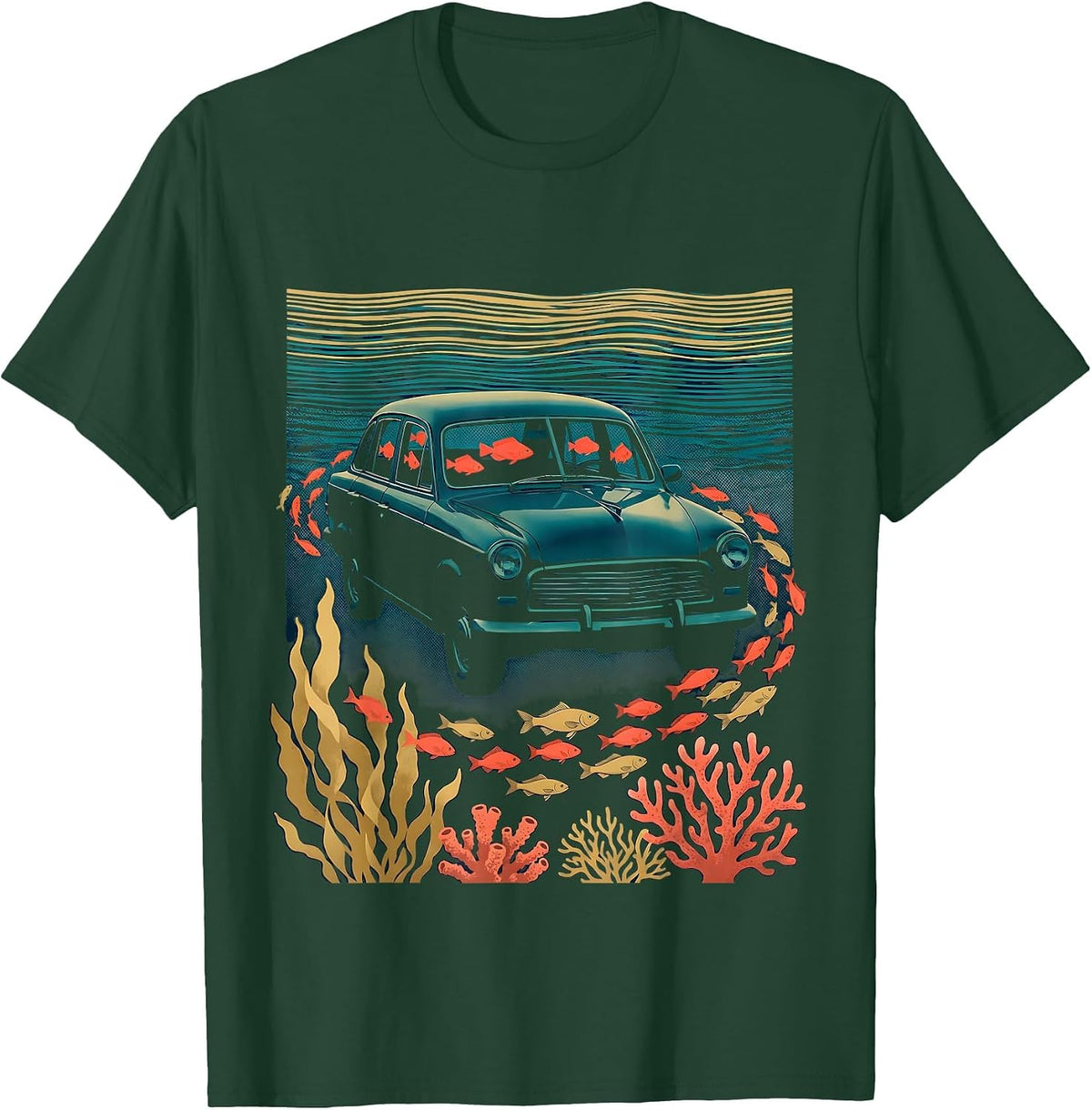 Men's Underwater Car Submerged Fish Swimming Through Windows T-Shirt - Dark Green