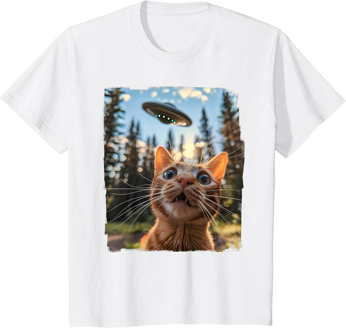 Extraterrestrial Encounter: Cat Selfie with Alien UFO T-Shirt - White