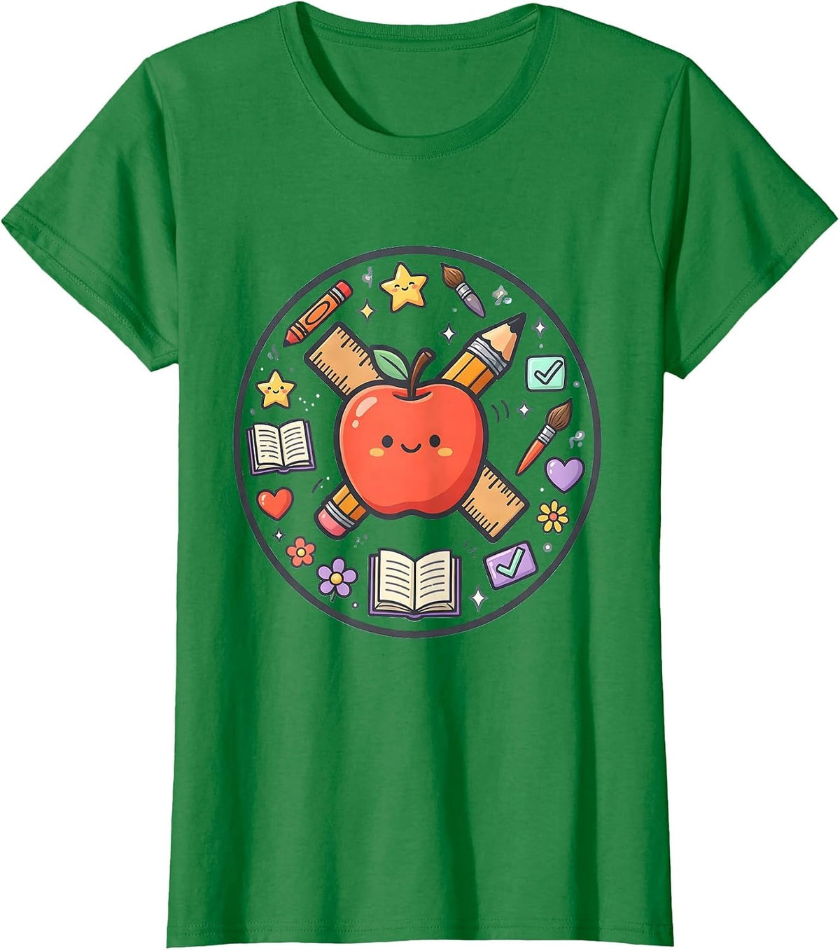 Kindergarten Teacher Apple Ruler Pencil Graphic T-Shirt - Kelly Green
