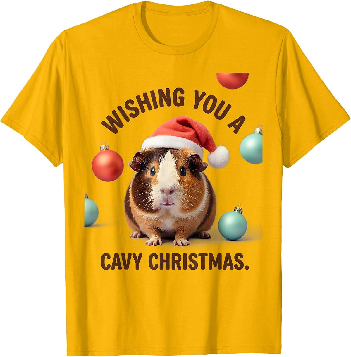 Men's Wishing You A Cavy Christmas Cute Kawaii Guinea Pig Santa T-Shirt - Golden Yellow
