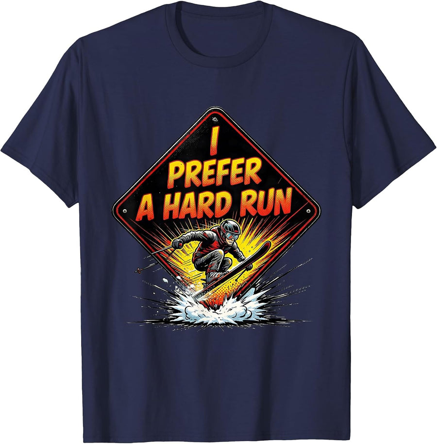 I Prefer A Hard Run Comic Ski Humor Winter Sports Enthusiast T-Shirt - Navy Blue