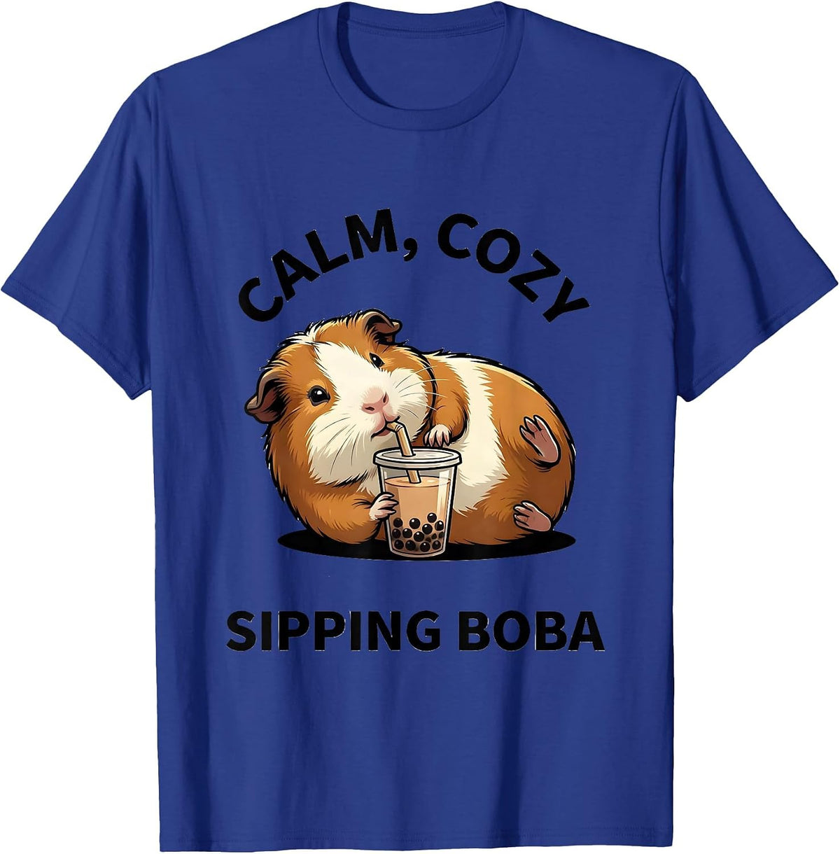 Calm Cozy Sipping Boba Cute Kawaii Guinea Pig Anime Girl T-Shirt - Royal Blue