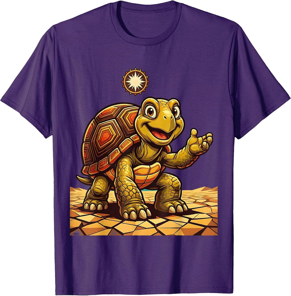 Tortoise on Sun-Cracked Earth Safari Design T-Shirt - Purple