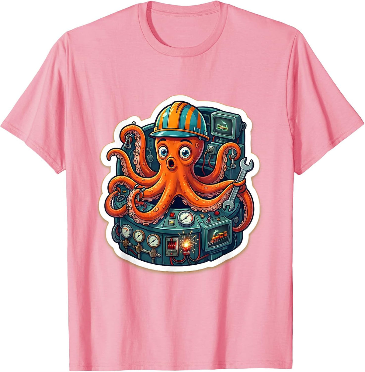 Men's Octopus Engineer Chaos Train Control Room T-Shirt - Pink