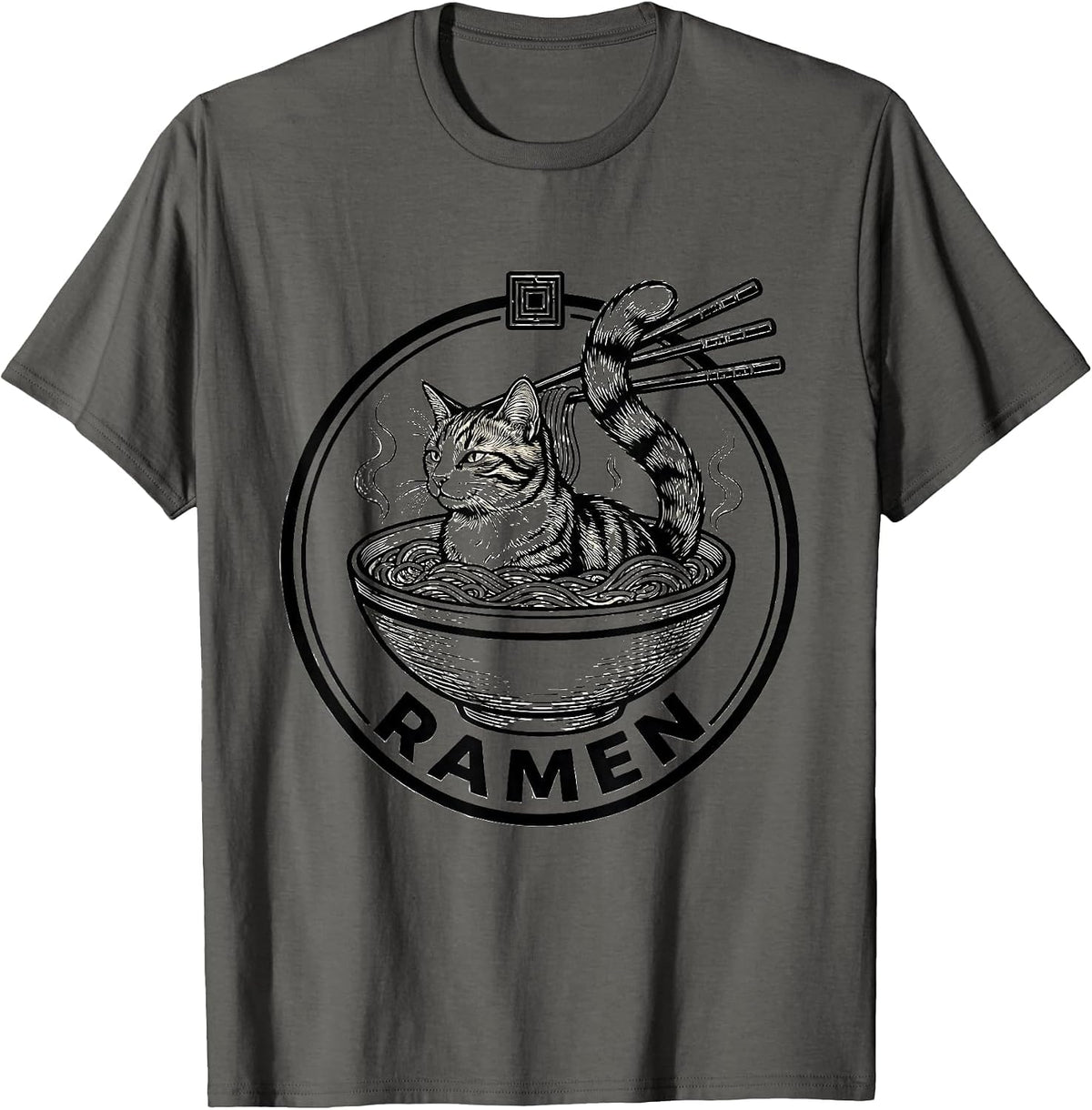 Ramen Cat Badge Kawaii Anime Funny Graphic T-Shirt - Asphalt Grey