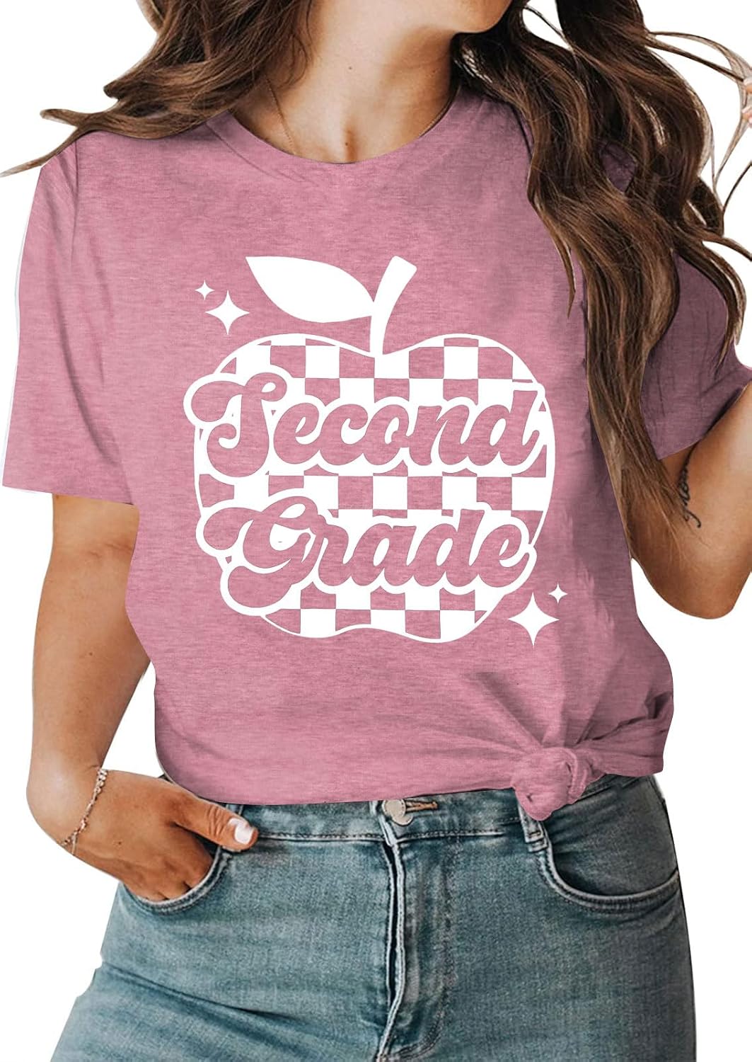 Teacher Shirts for Women First Grade Teacher Shirt Back to School Graphic Tees Casual Elementary Short Sleeve Tops - Pink