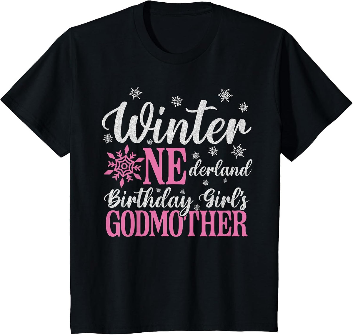Godmother Pink Winter Onederland 1st Birthday Girl Snowflake T-Shirt - Black