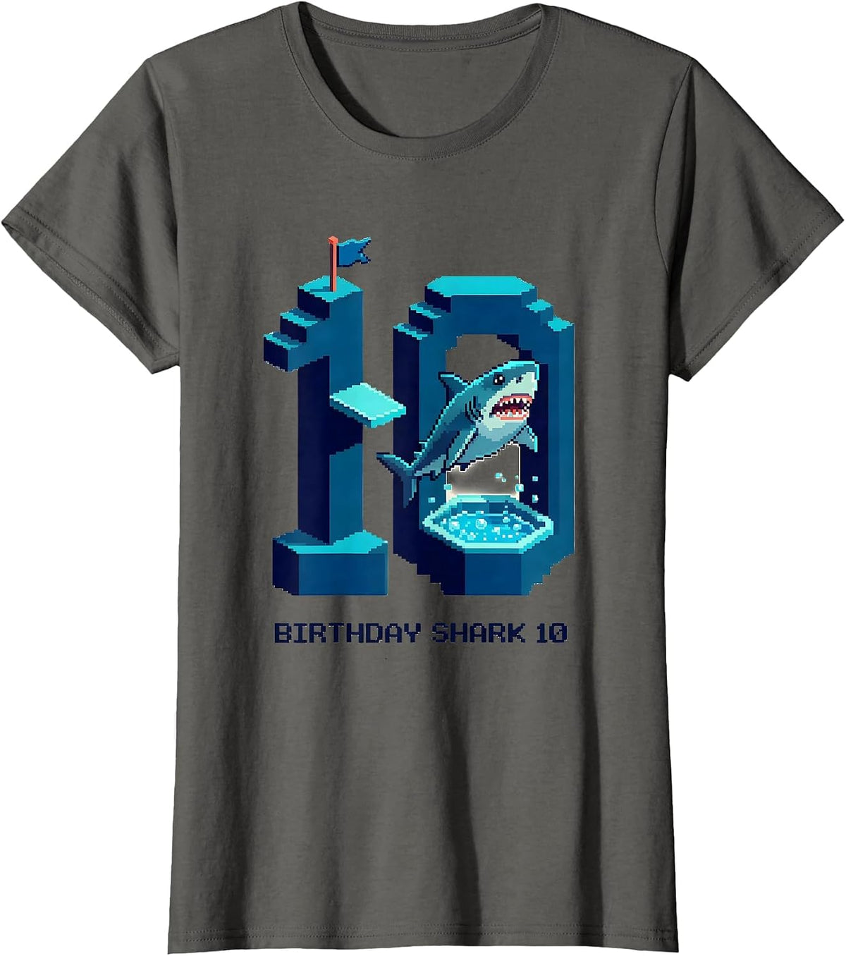 Women's Birthday Shark 10 Pixel Art Kids Ocean Party Age 10 T-Shirt - Asphalt Grey