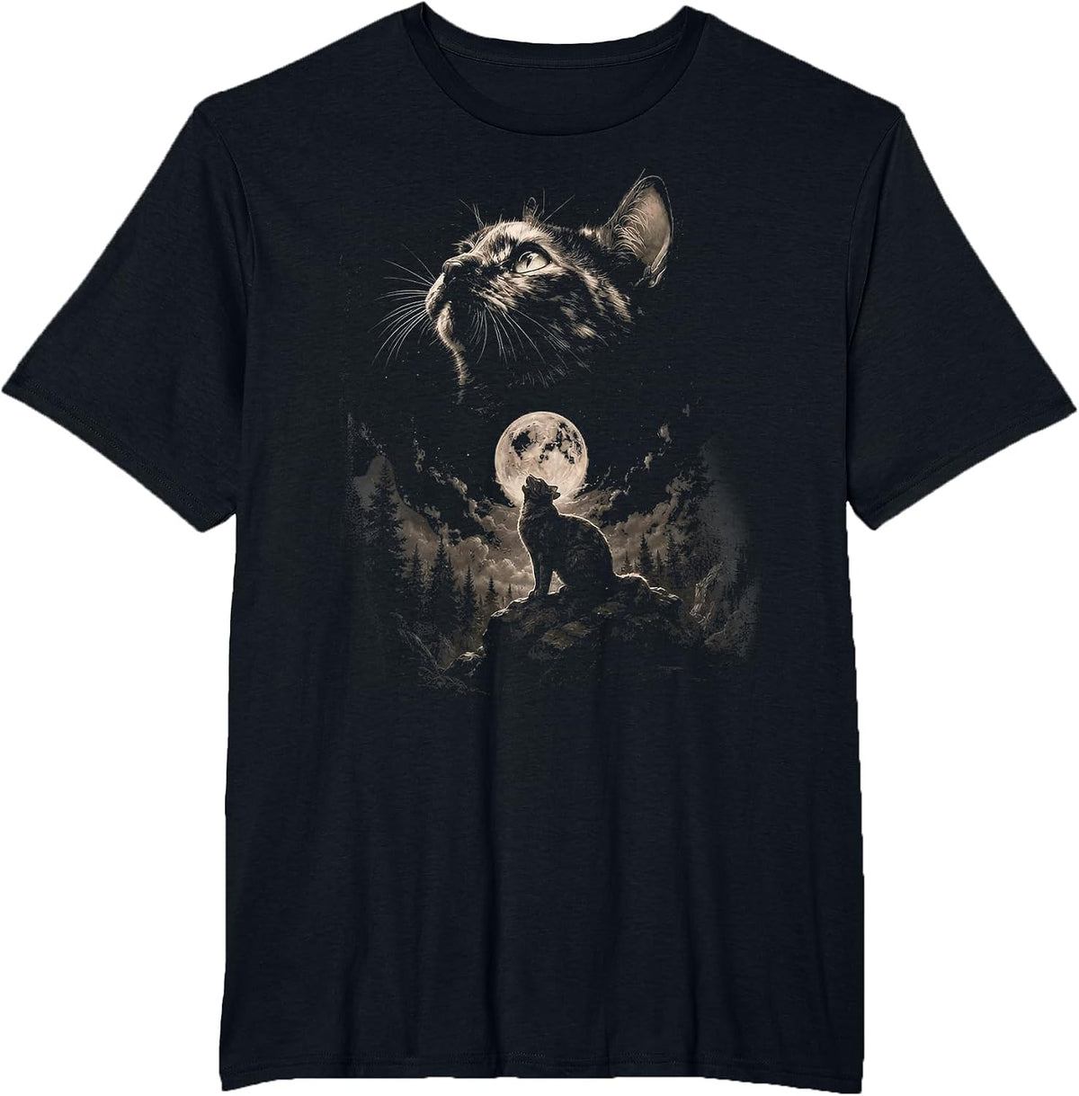 Tortoiseshell Cat Howling at Moon Vintage Cat Halloween T-Shirt - Black