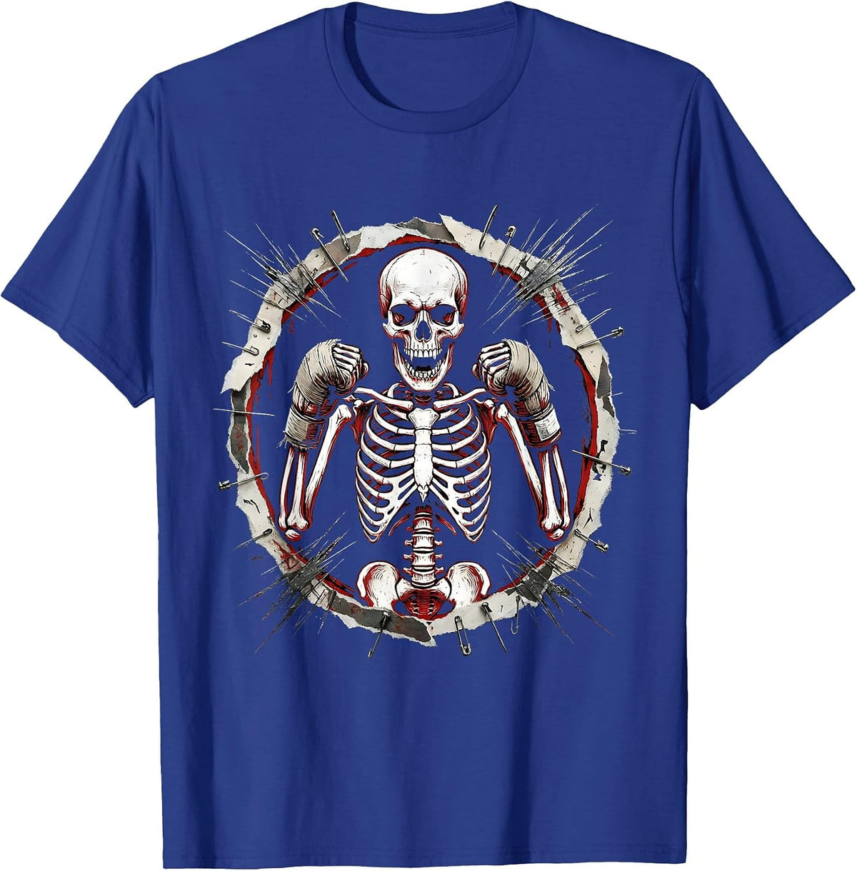 Skeleton Boxer Taped Fists Fighting Graphic T-Shirt - Royal Blue