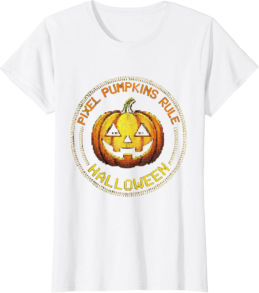 Women's Pixel Pumpkins Rule Halloween Retro Gaming Design T-Shirt - White