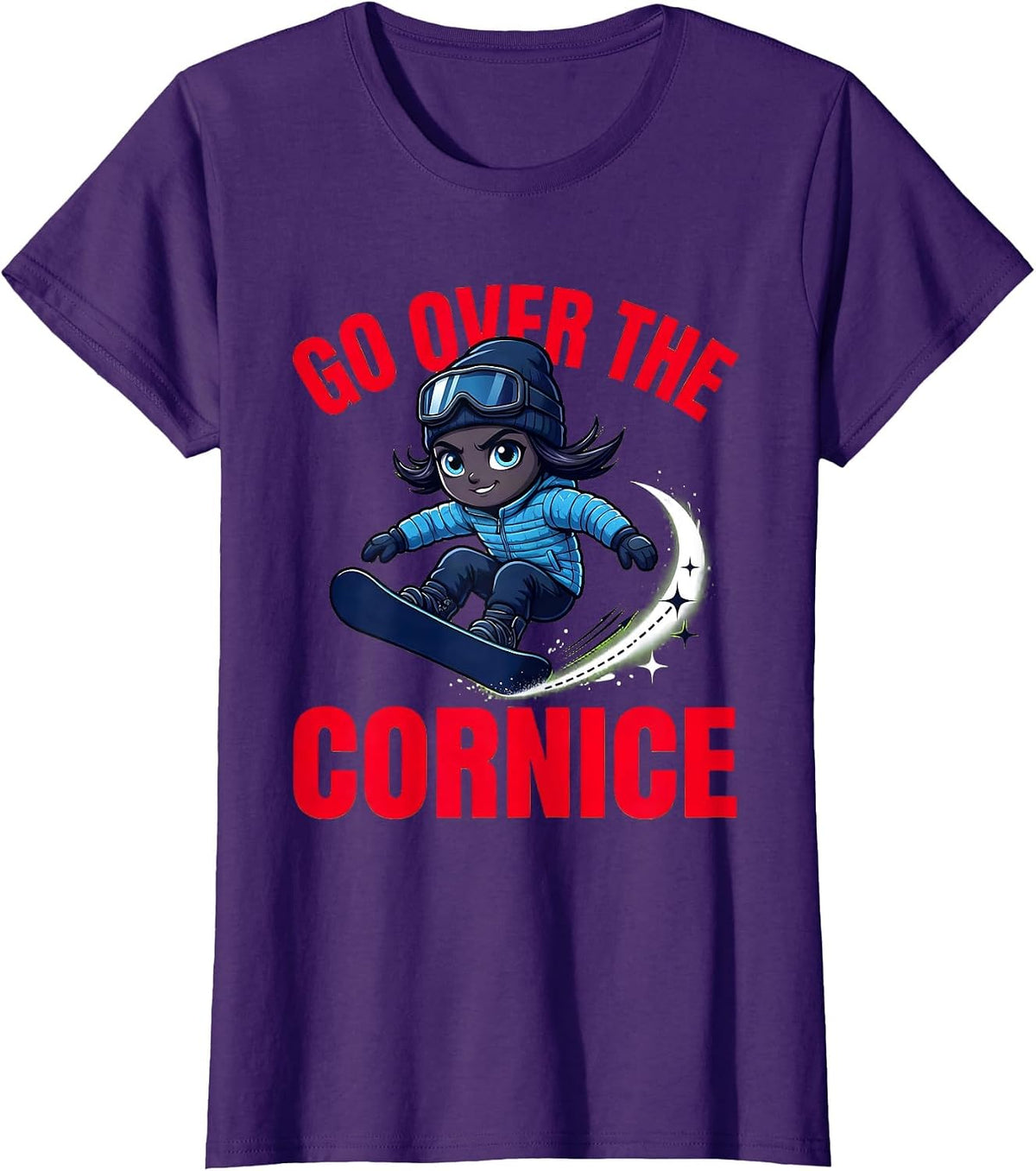Women's GO OVER THE CORNICE Funny Cartoon Snowboarder Ski Season T-Shirt - Purple