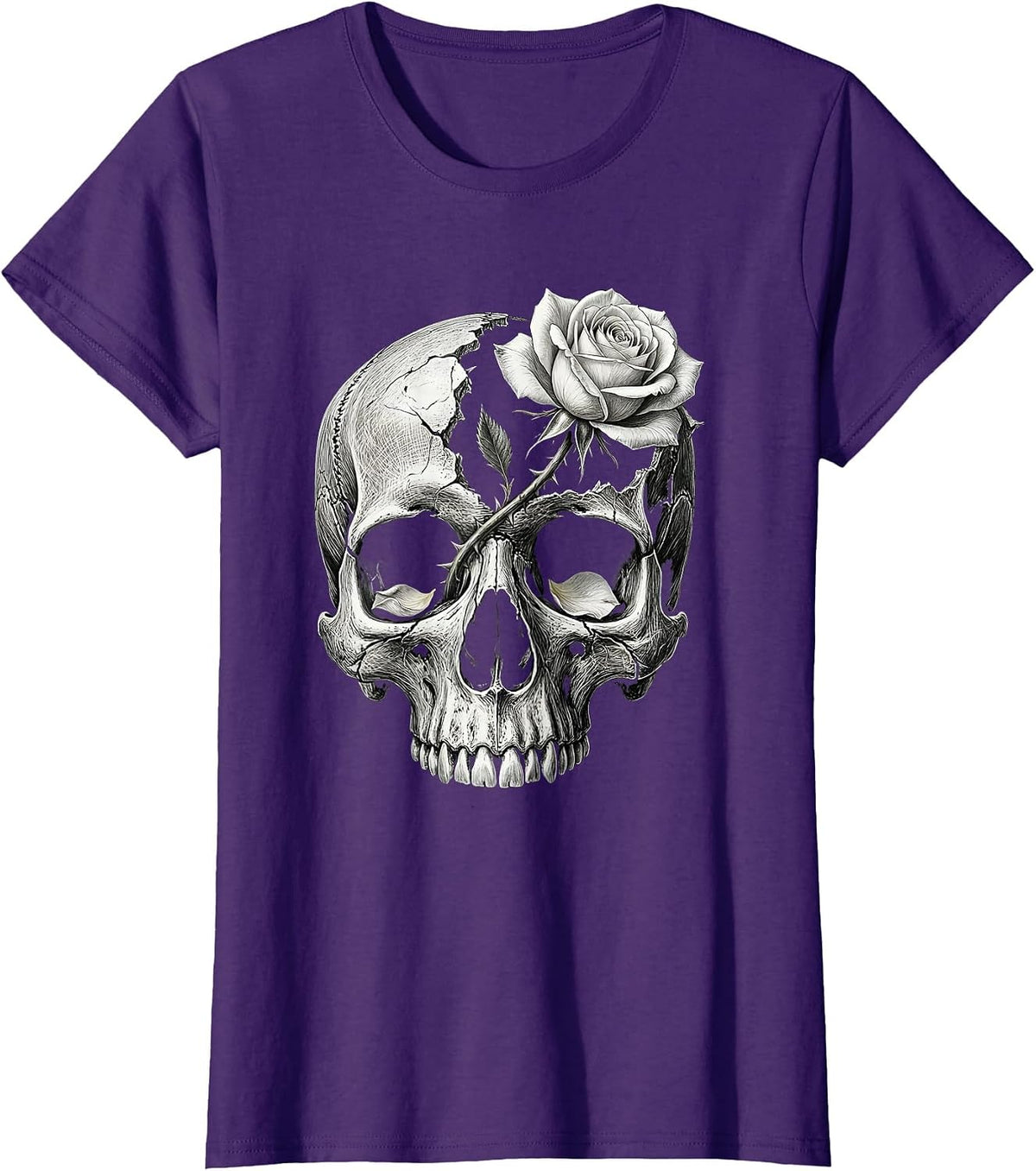 Women's Skull Rose Gothic Alt Aesthetic Teen Grunge T-Shirt - Purple