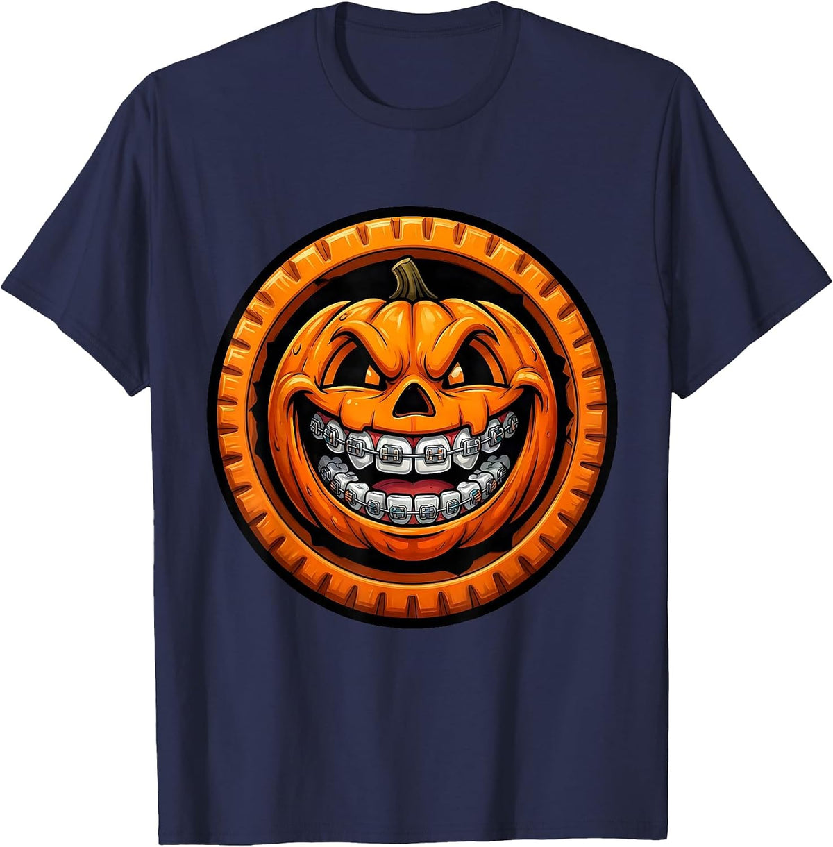 Dental Halloween Braces Jack-O-Lantern Design T-Shirt - Navy Blue