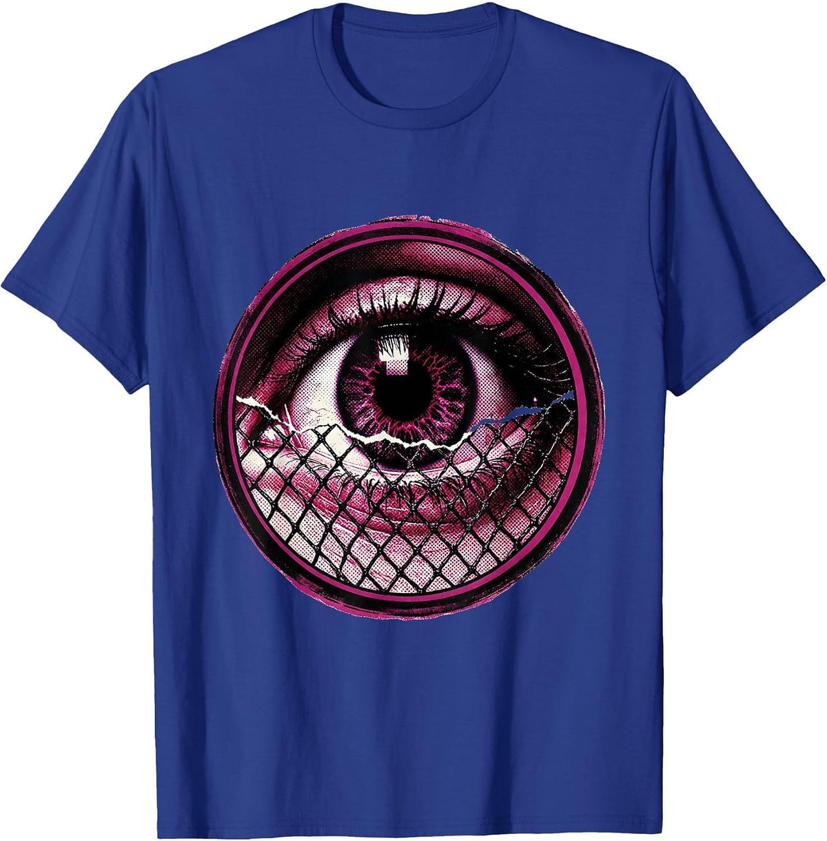 Eye Through Torn Fishnets Graphic Design T-Shirt - Royal Blue
