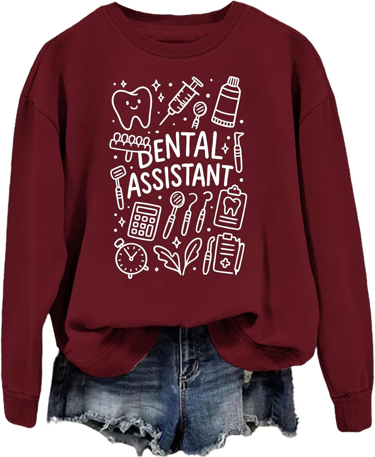 SAUIVD Dental Assistant Sweatshirt for Women Funny Pediatric Dental Hygienist Shirts Long Sleeve Holiday Pullover Tops - Red