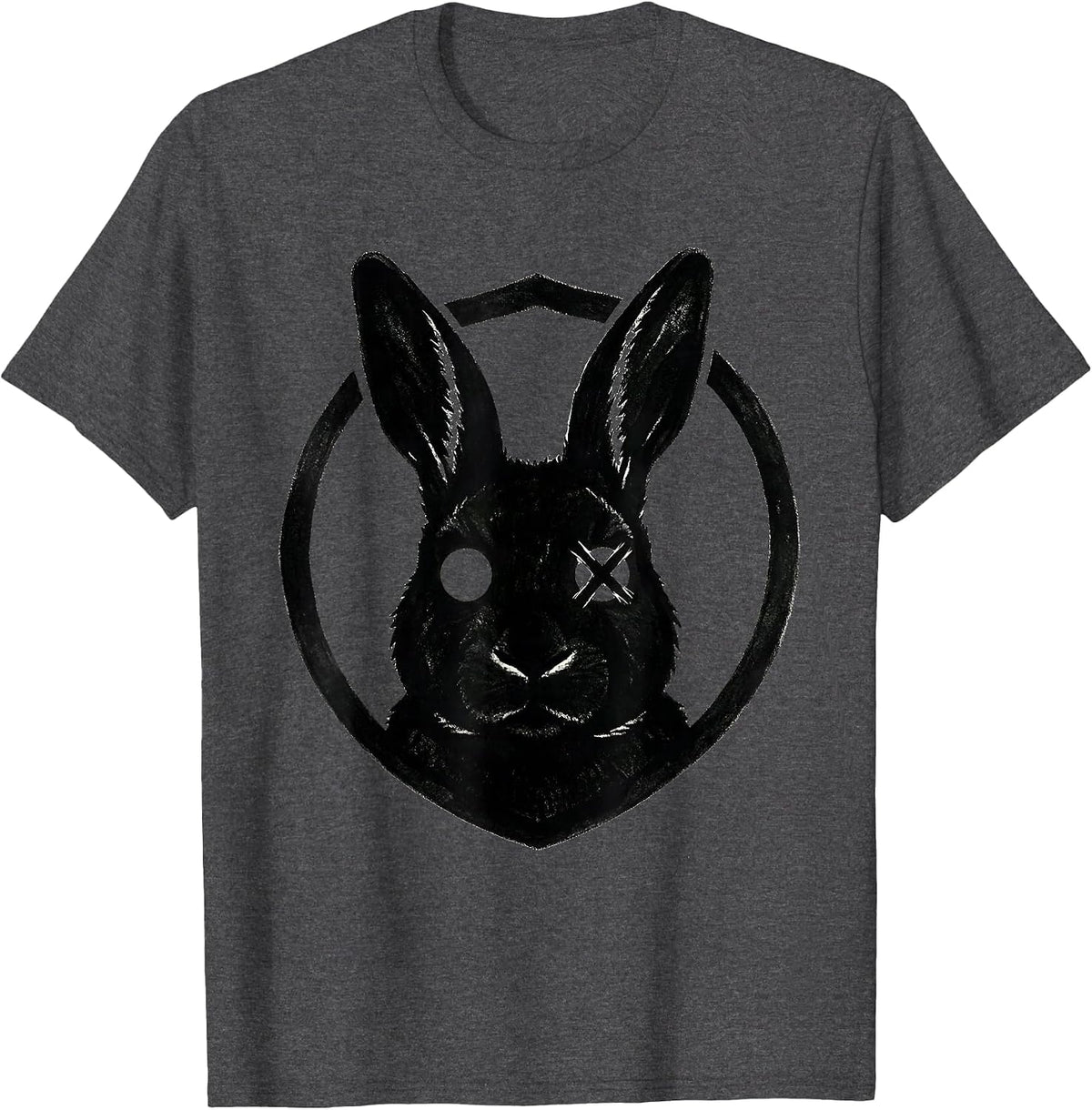 Men's Circular Shield Stencil Bunny Alt Goth Horror Aesthetic T-Shirt - Dark Heather Grey