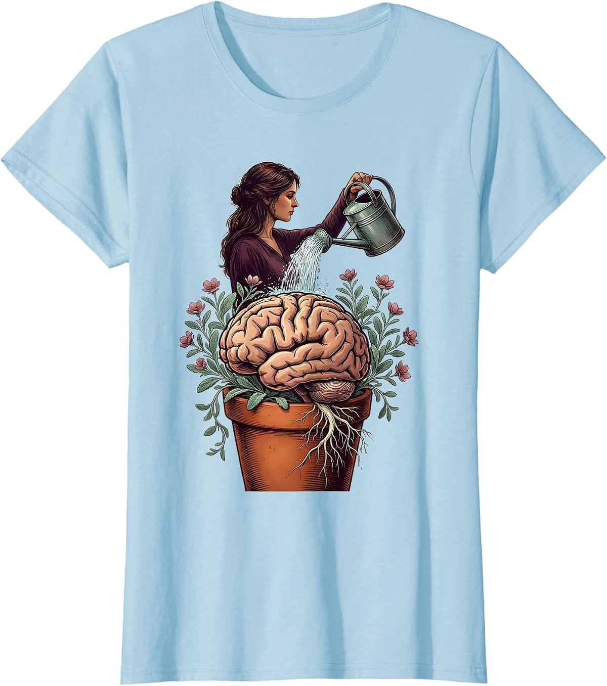 Women's Grow Your Mind Brain Watering Plant Illustration T-Shirt - Baby Blue