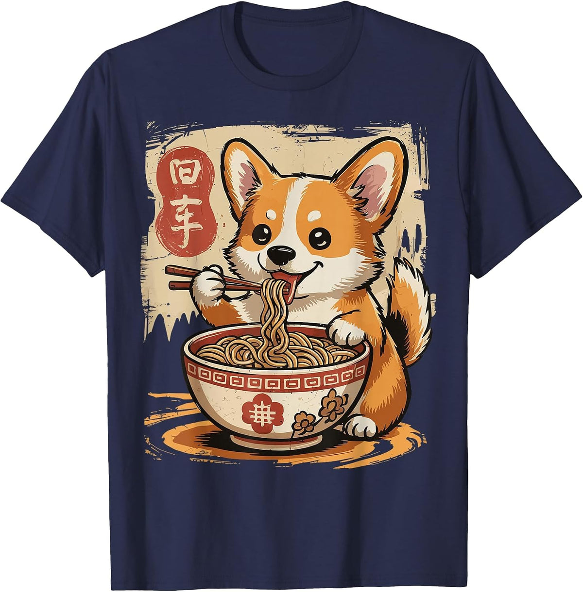 Corgi Eating Ramen T-Shirt - Navy Blue