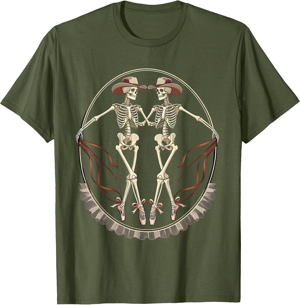 Men's Skeleton Cowboy Line Dancing Illustration T-Shirt - Olive Green