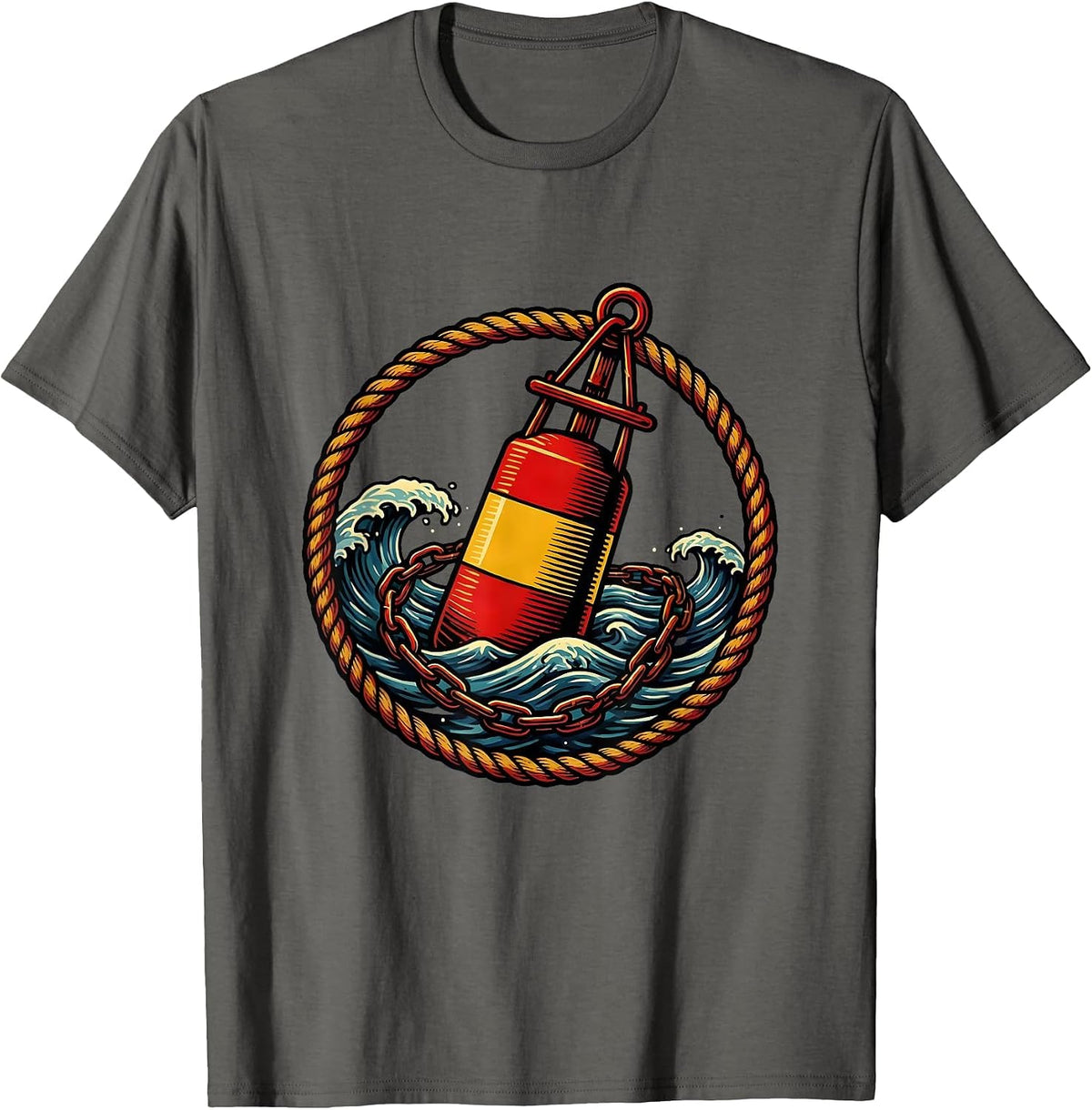 Men's Lone Buoy Ocean Illustration Navy Graphic T-Shirt - Asphalt Grey