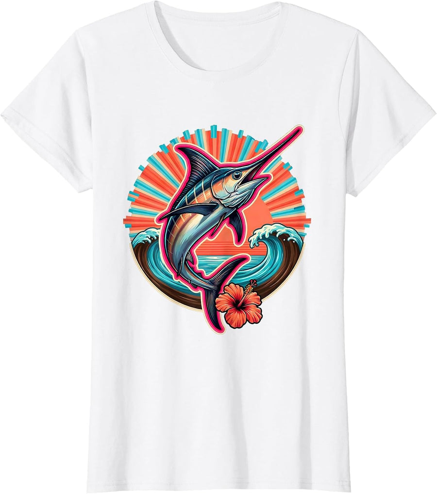 Women's Marlin Jumping at Sunrise Ocean Graphic T-Shirt - White