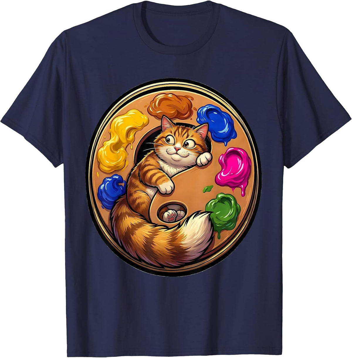 Men's Art Teacher Cat in Giant Paint Palette Design T-Shirt - Navy Blue