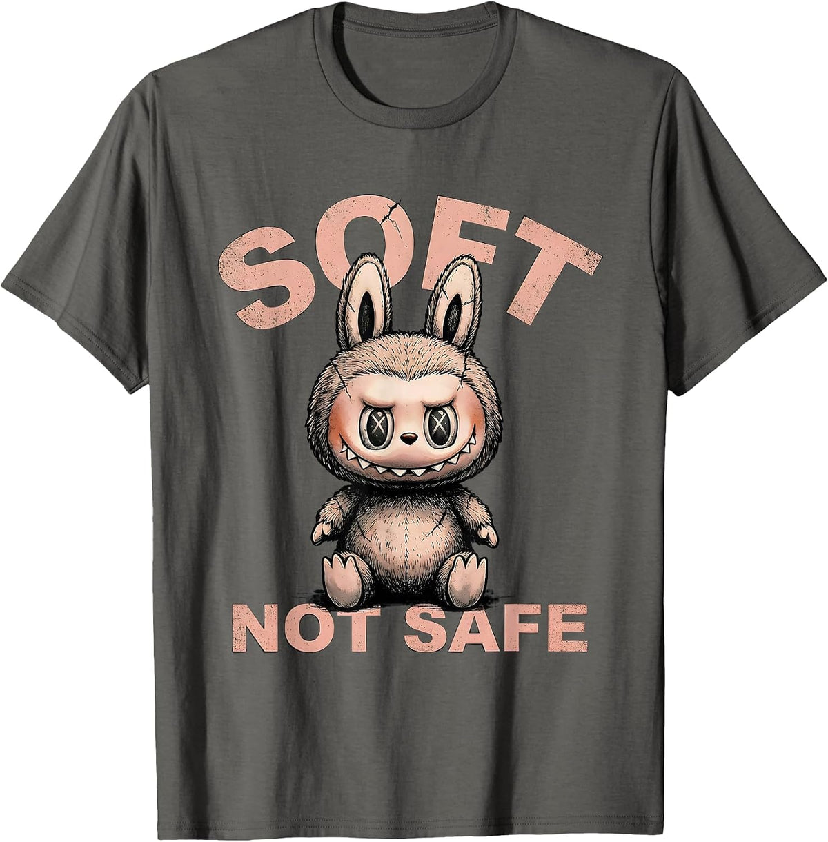 Soft, Not Safe Distressed Creepy Cute Goth Bunny Horror T-Shirt - Asphalt Grey