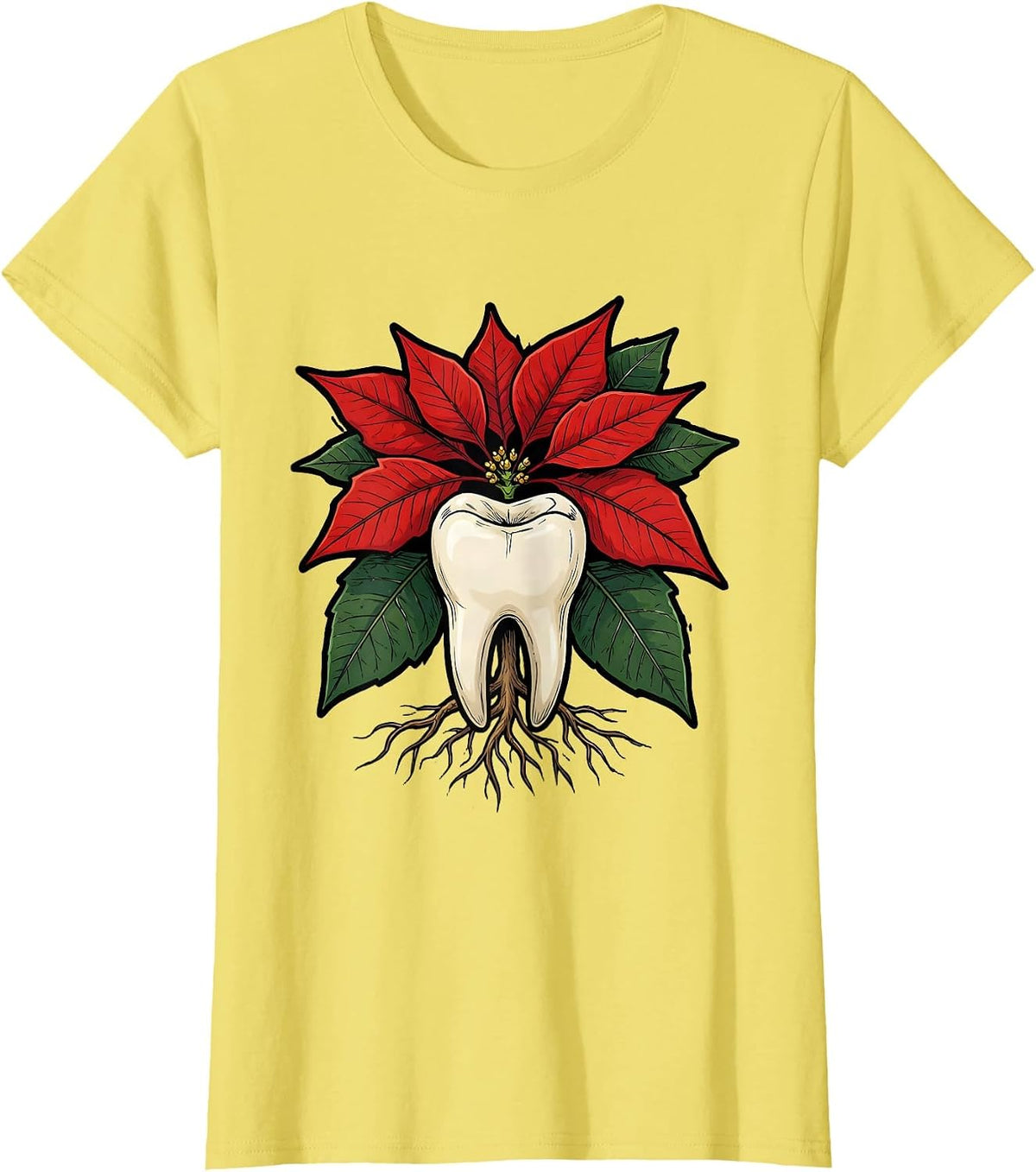 Twin-Root Poinsettia Funny Dental Christmas Dentist Humor T-Shirt - Lemon Yellow