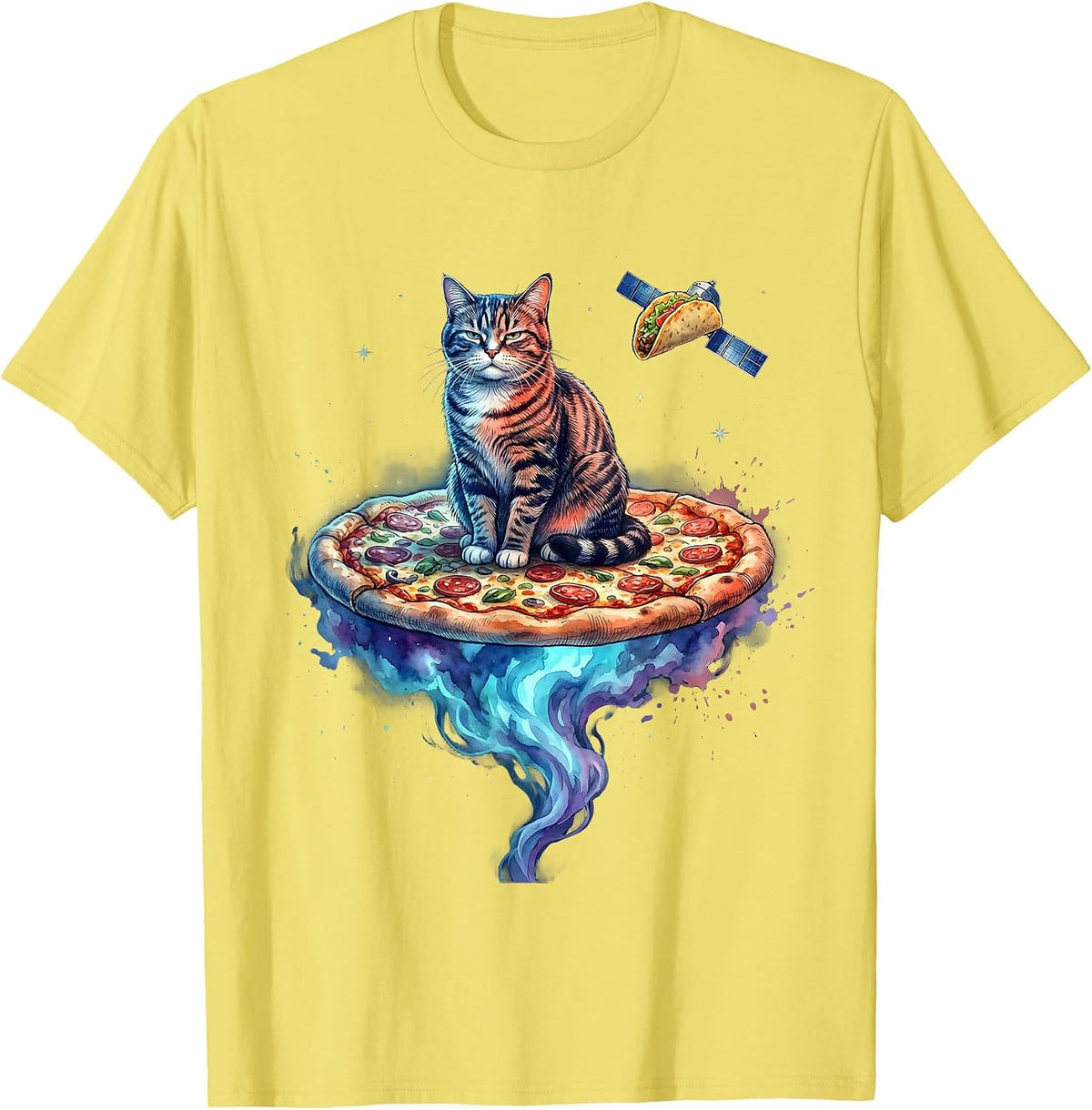 Men's Unimpressed Cat on Pizza Space Meme Funny Gift T-Shirt - Lemon Yellow