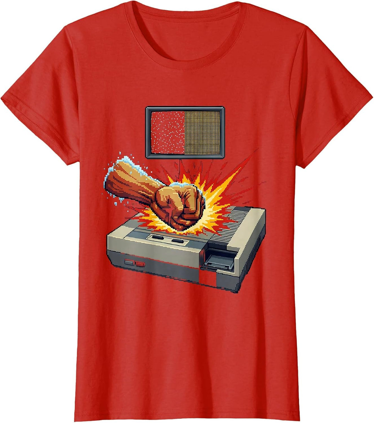 Pixel Art Console Fist Retro Gamer Humor T-Shirt - Red