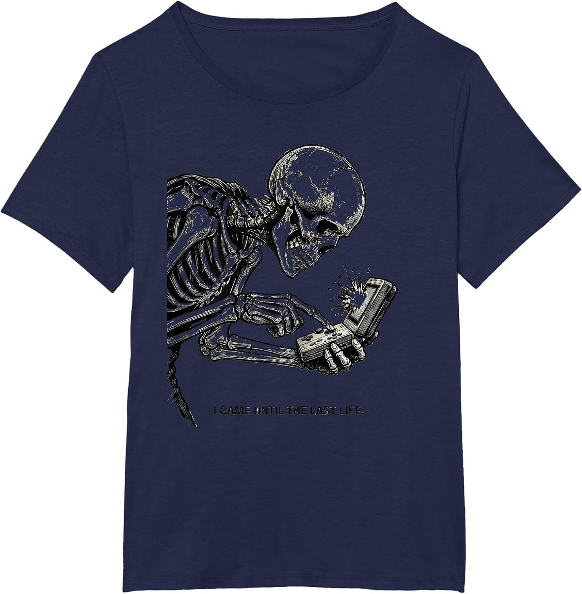 Women's I Game Until The Last Life Funny Halloween Skeleton Gamer T-Shirt - Navy Blue