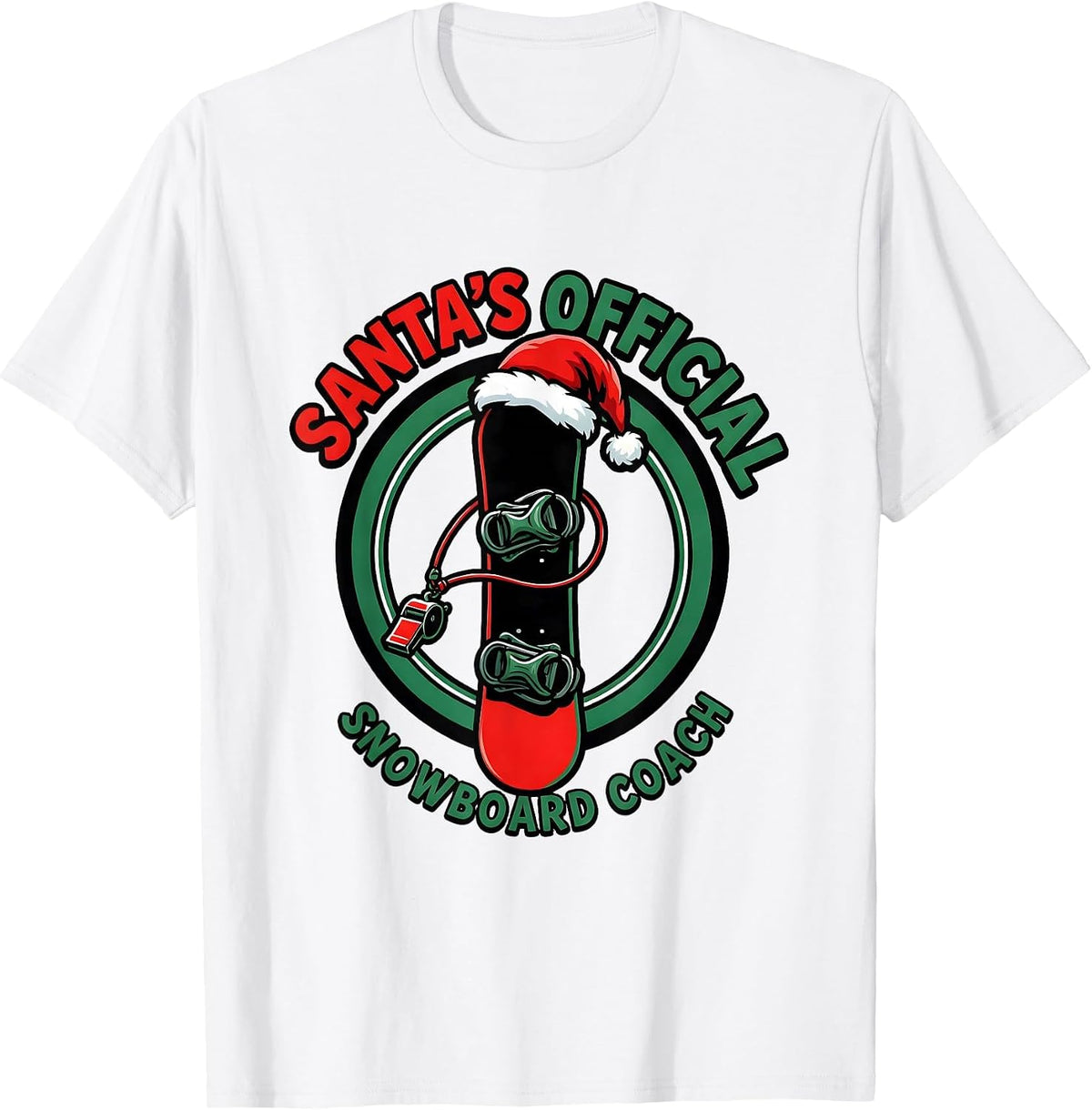Men's Santa's Official Snowboard Coach Cartoon Snowboarder T-Shirt - White