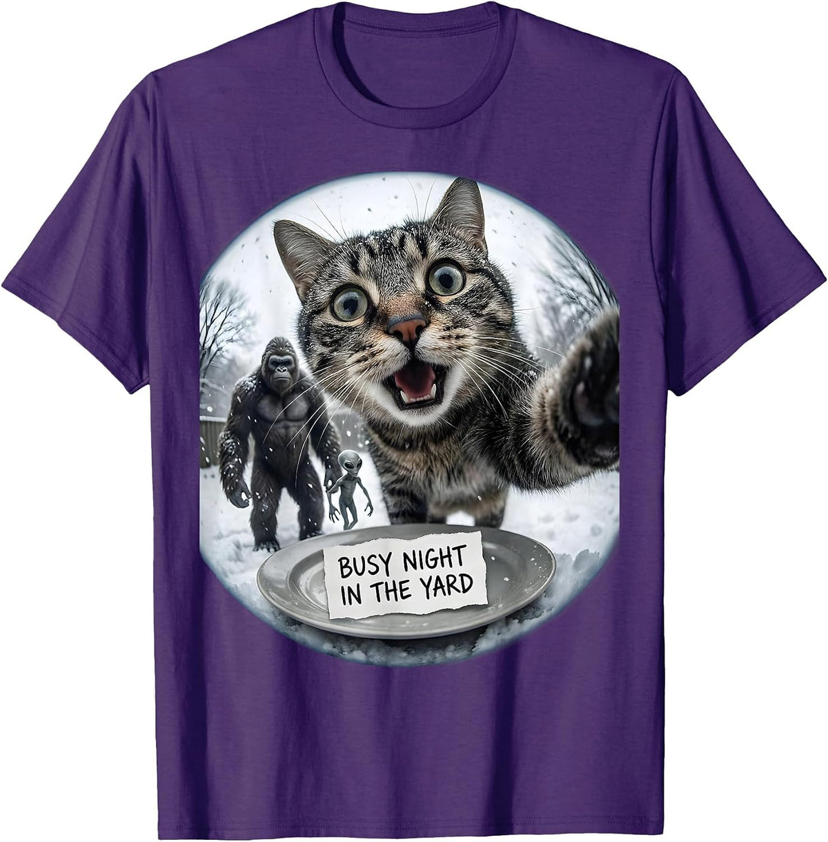 Men's Busy Night In The Yard Funny Cat Bigfoot Alien Meme Humor T-Shirt - Purple