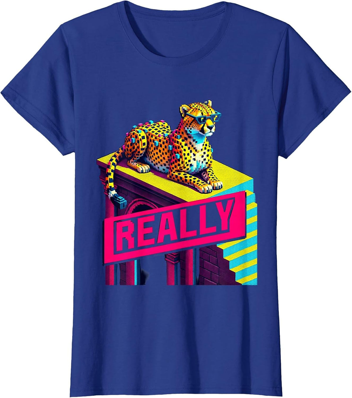 Women's Really Pixel Art Cheetah Lounging Funny Animal Lover Youth T-Shirt - Royal Blue
