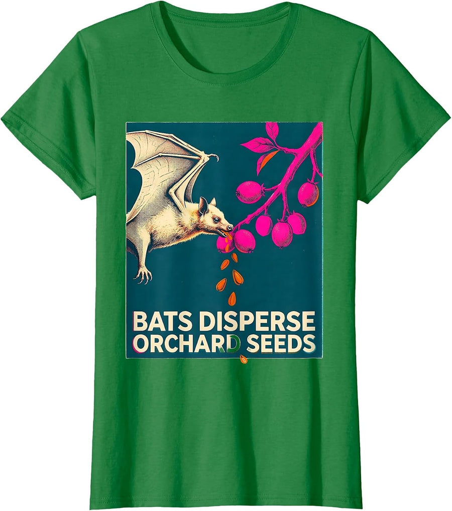 Women's Bats Disperse Orchard Seeds Risograph Bat Lover Nature T-Shirt - Kelly Green