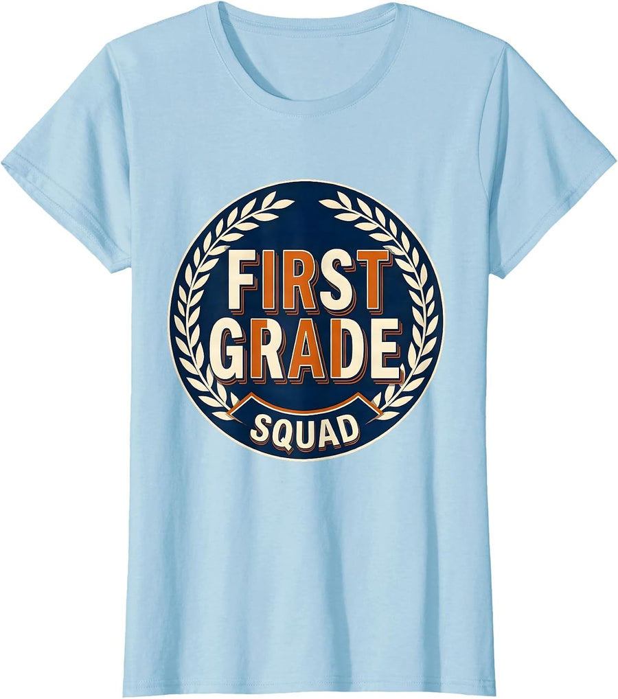 Women's First Grade Squad Retro Teacher Student Back To School T-Shirt - Baby Blue