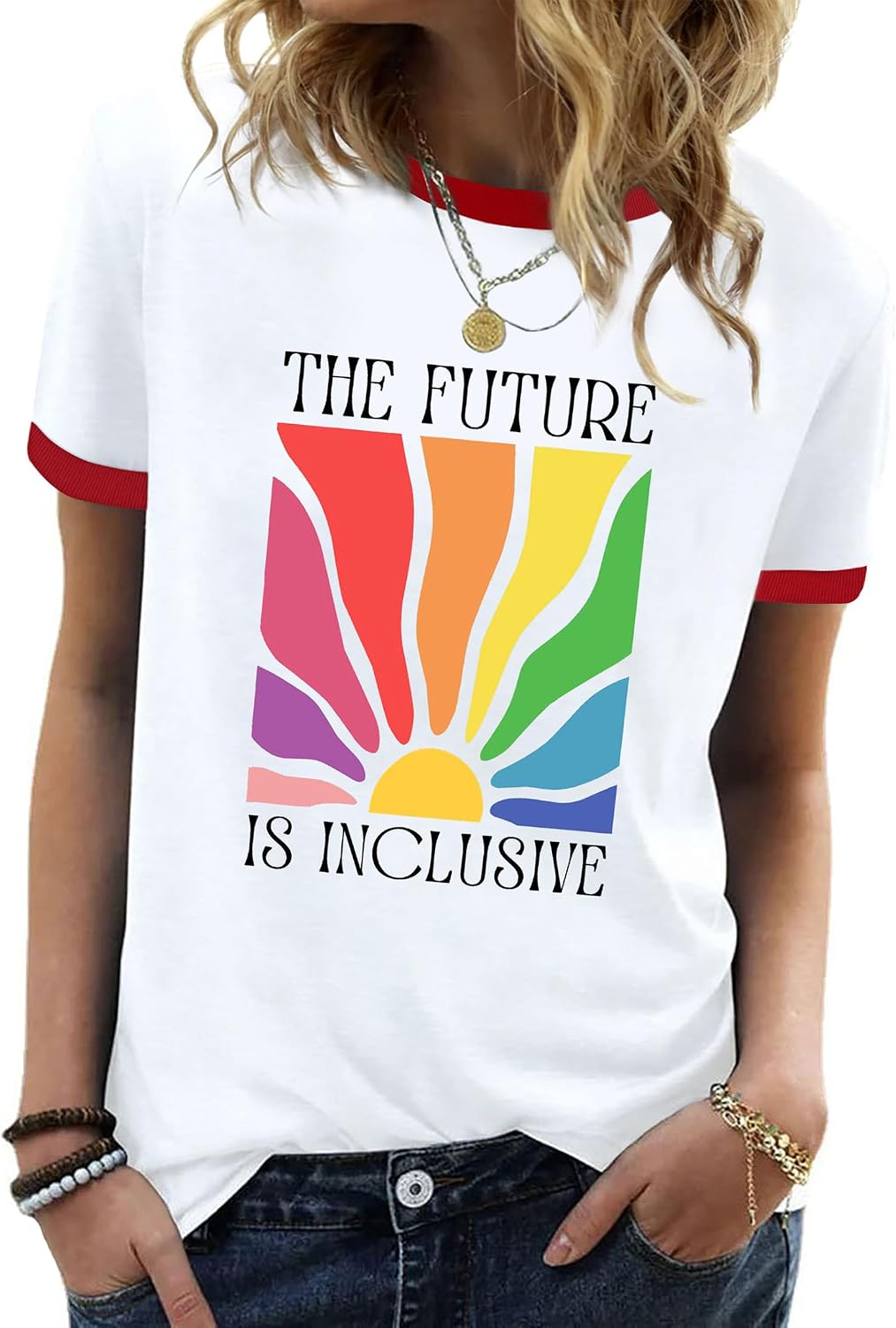 Pride Shirts for Women LGBTQ Rainbow Graphic T-Shirt Ringer Tee - White#10