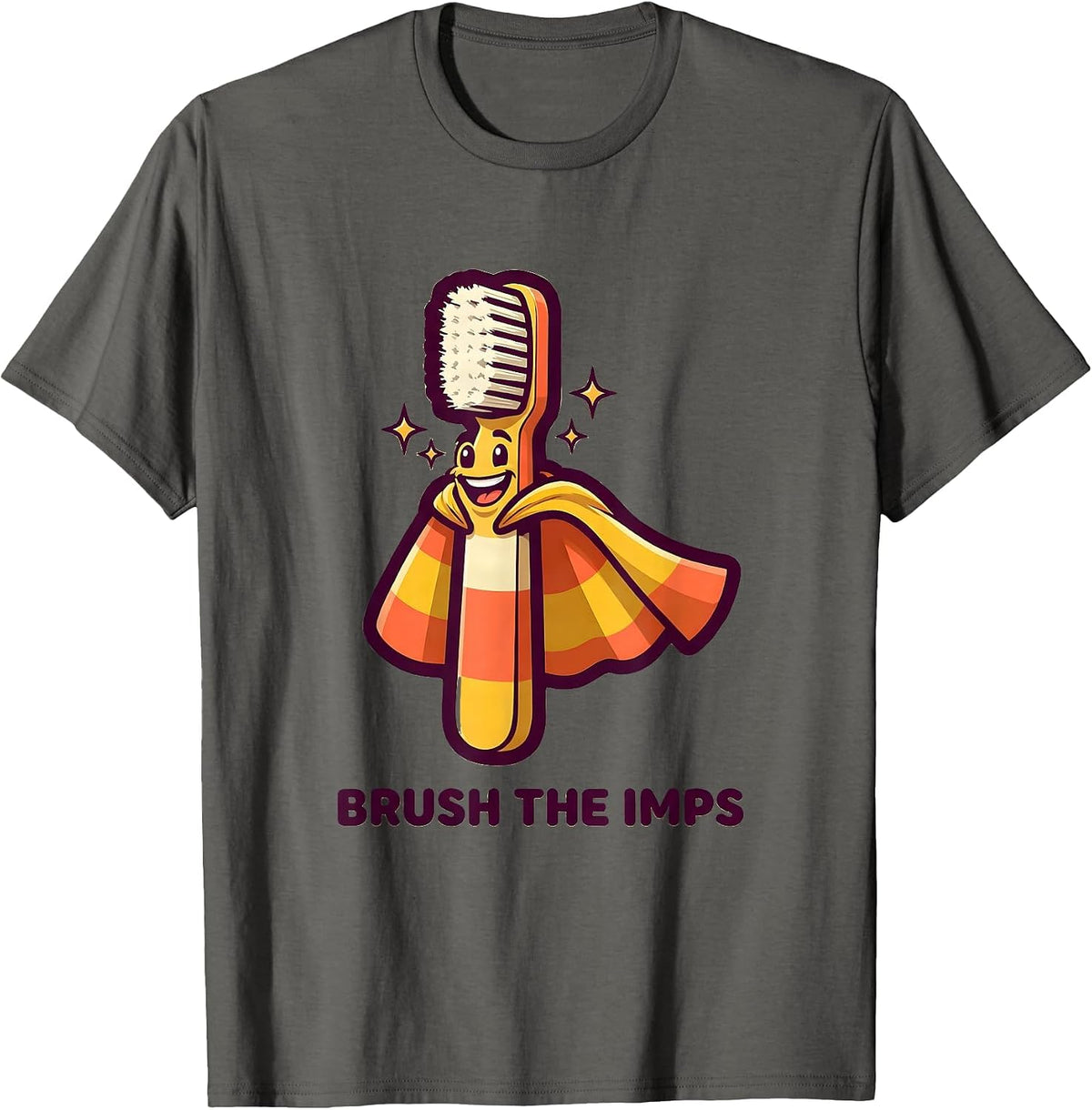 Men's Brush the Imps Mascot Logo Funny Dental Halloween Costume T-Shirt - Asphalt Grey