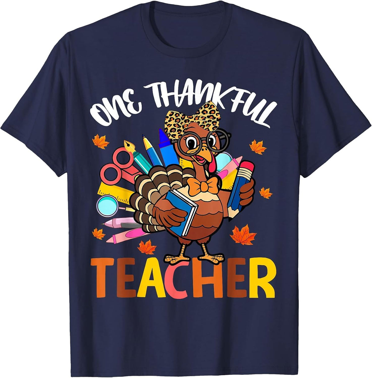 One Thankful Teacher Thanksgiving Turkey Cute Crayon Pencil T-Shirt - Navy Blue