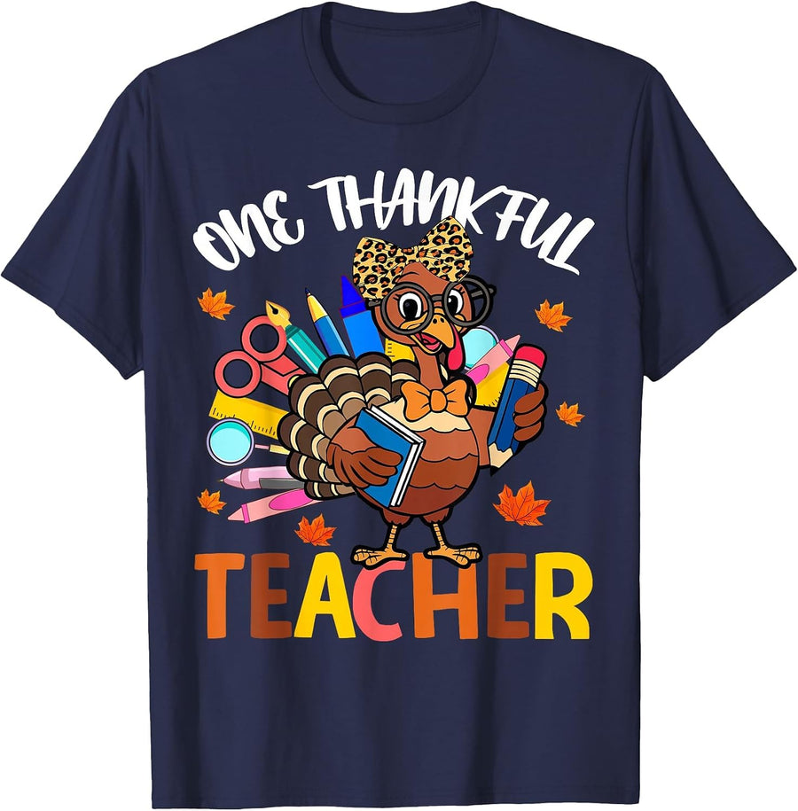 One Thankful Teacher Thanksgiving Turkey Cute Crayon Pencil T-Shirt - Navy Blue
