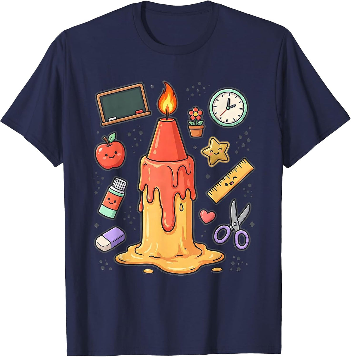Kindergarten Teacher Melting Crayon Candle Graphic T-Shirt - Navy Blue