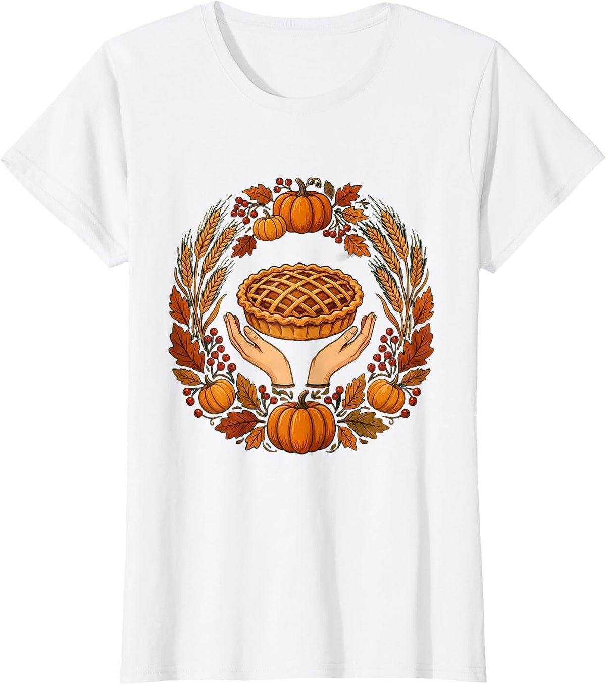 Women's Thanksgiving Pie Cradling Hands Graphic Design T-Shirt - White