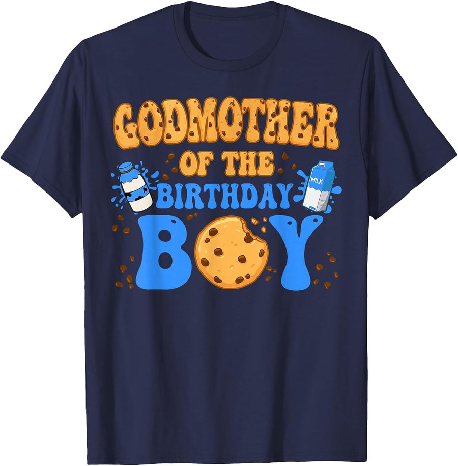 Godmother of The Birthday Boy Milk and Cookies Lover T-Shirt - Navy Blue