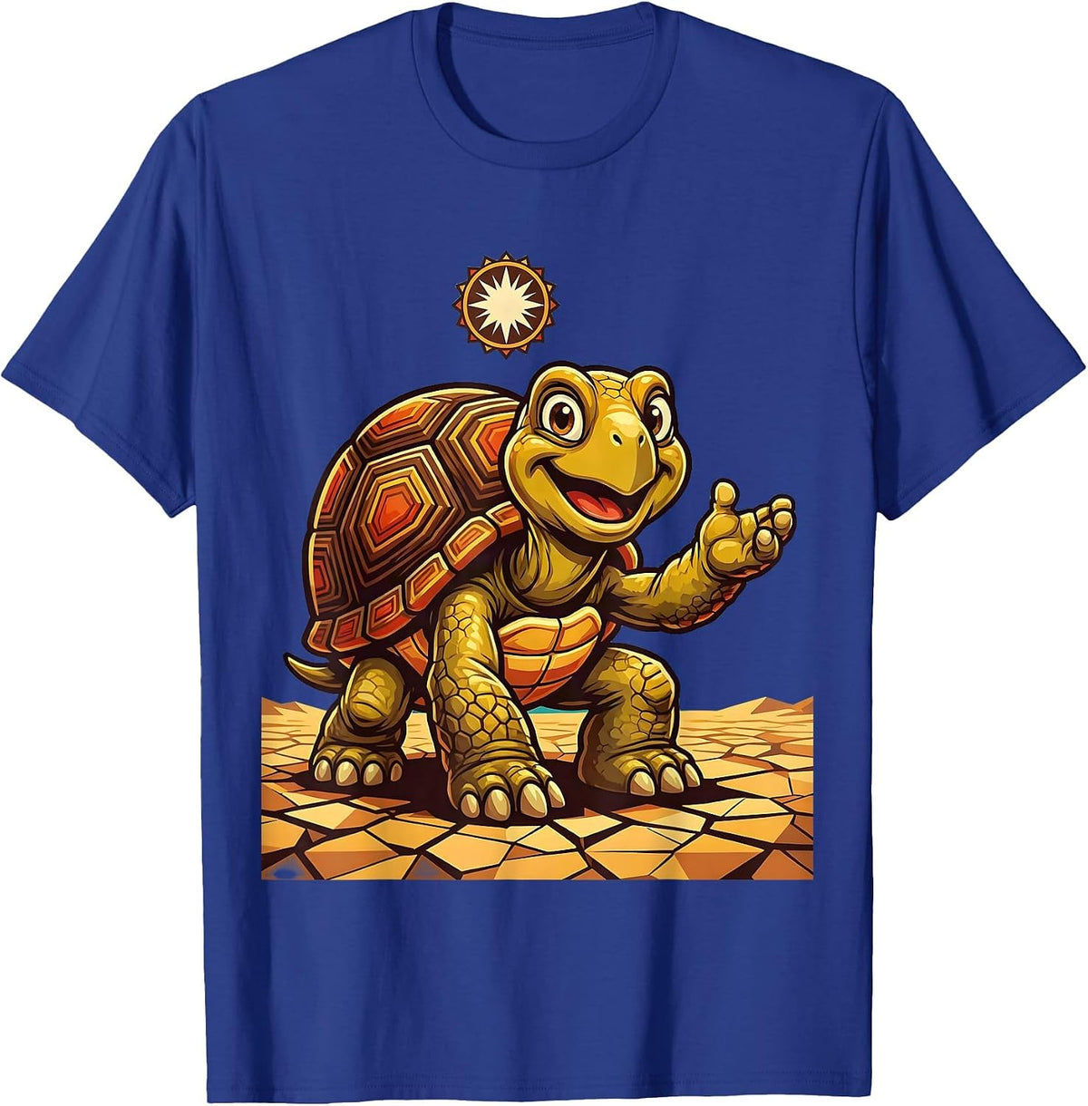 Tortoise on Sun-Cracked Earth Safari Design T-Shirt - Royal Blue