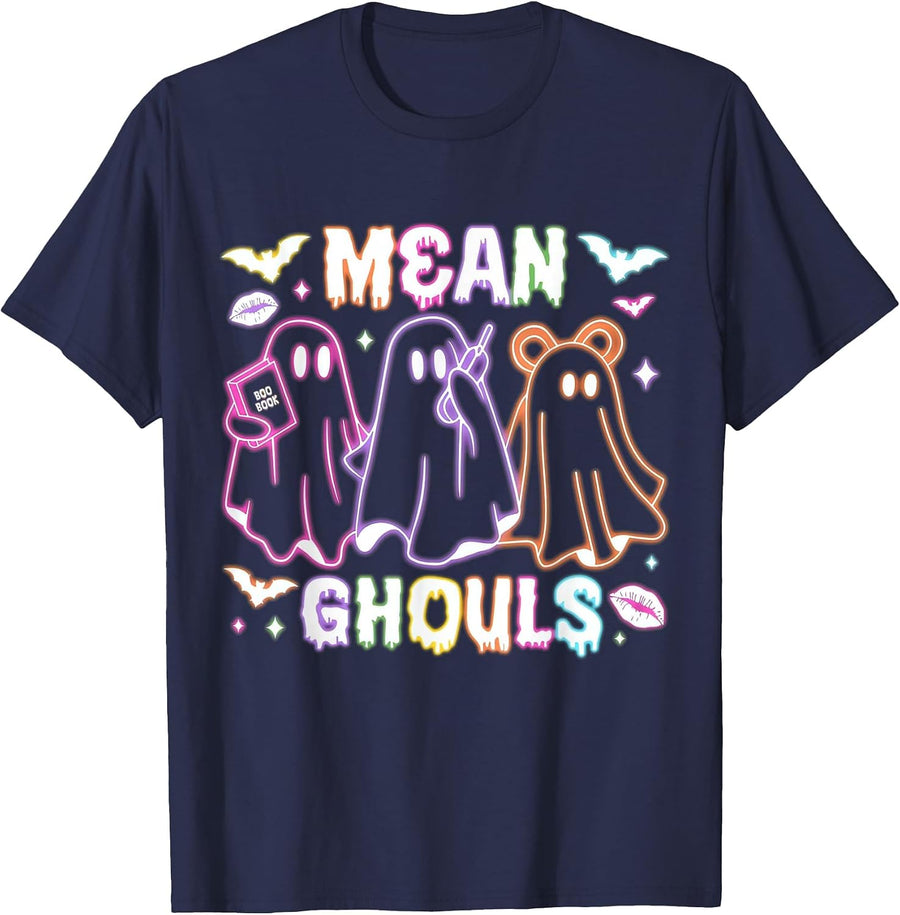 Cute Ghost Mean Ghouls Neon Halloween Spooky Season Costume T-Shirt - Navy Blue