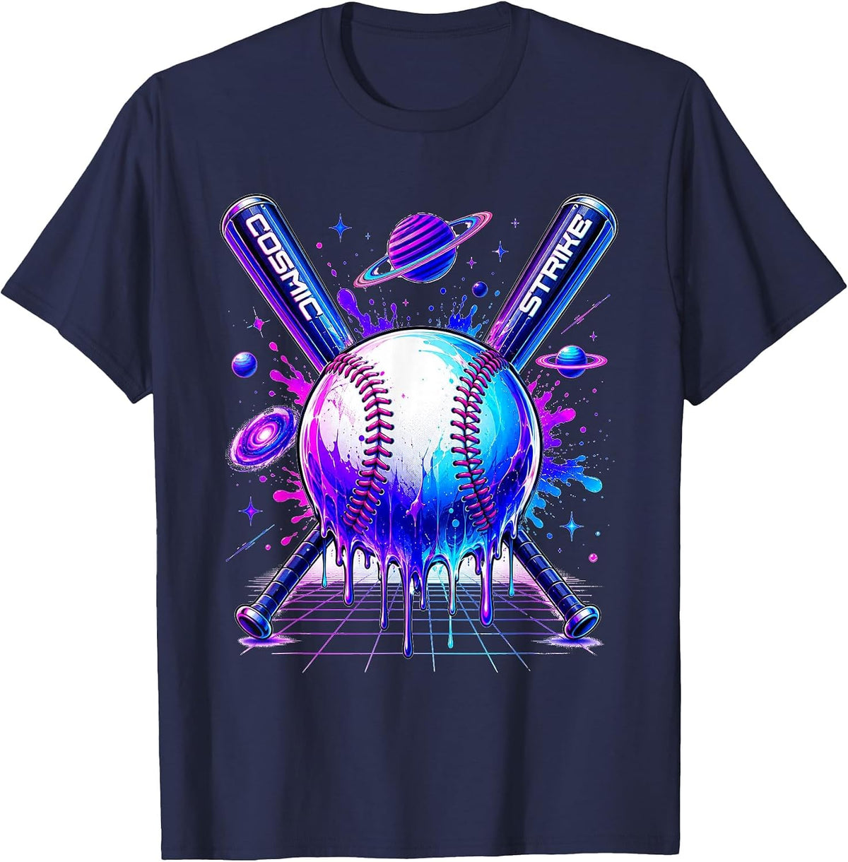 Retro Vaporwave Cosmic Baseball Synthwave Graphic T-Shirt - Navy Blue