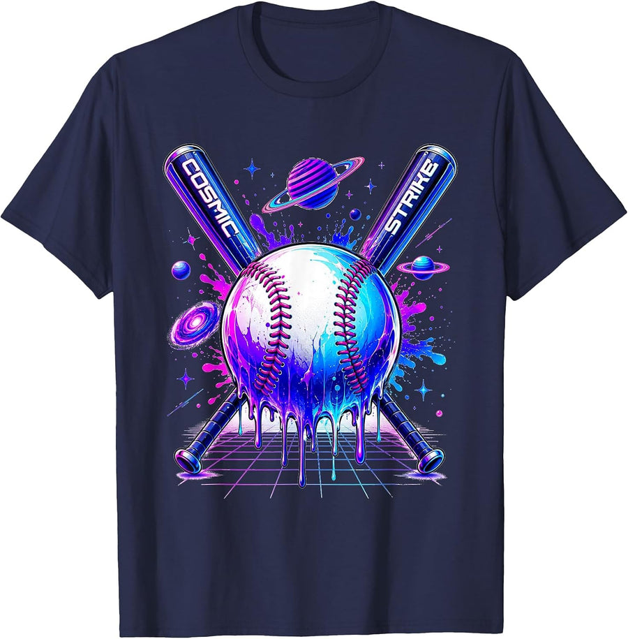 Retro Vaporwave Cosmic Baseball Synthwave Graphic T-Shirt - Navy Blue