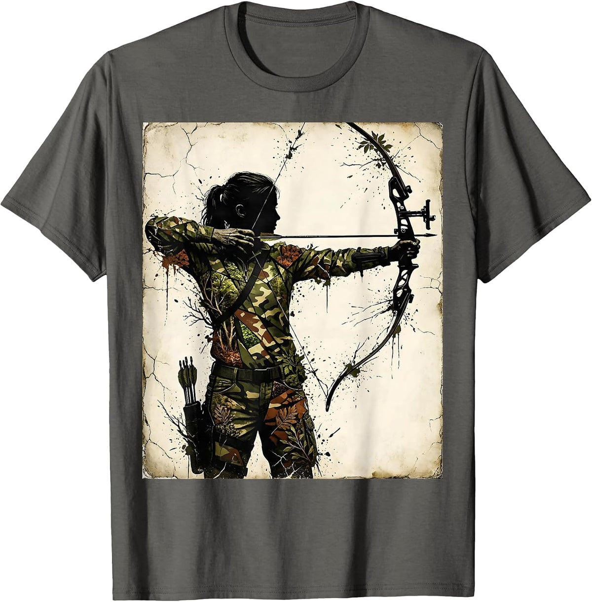 Woodland Camo Archer Drawing Bow Illustration T-Shirt - Asphalt Grey