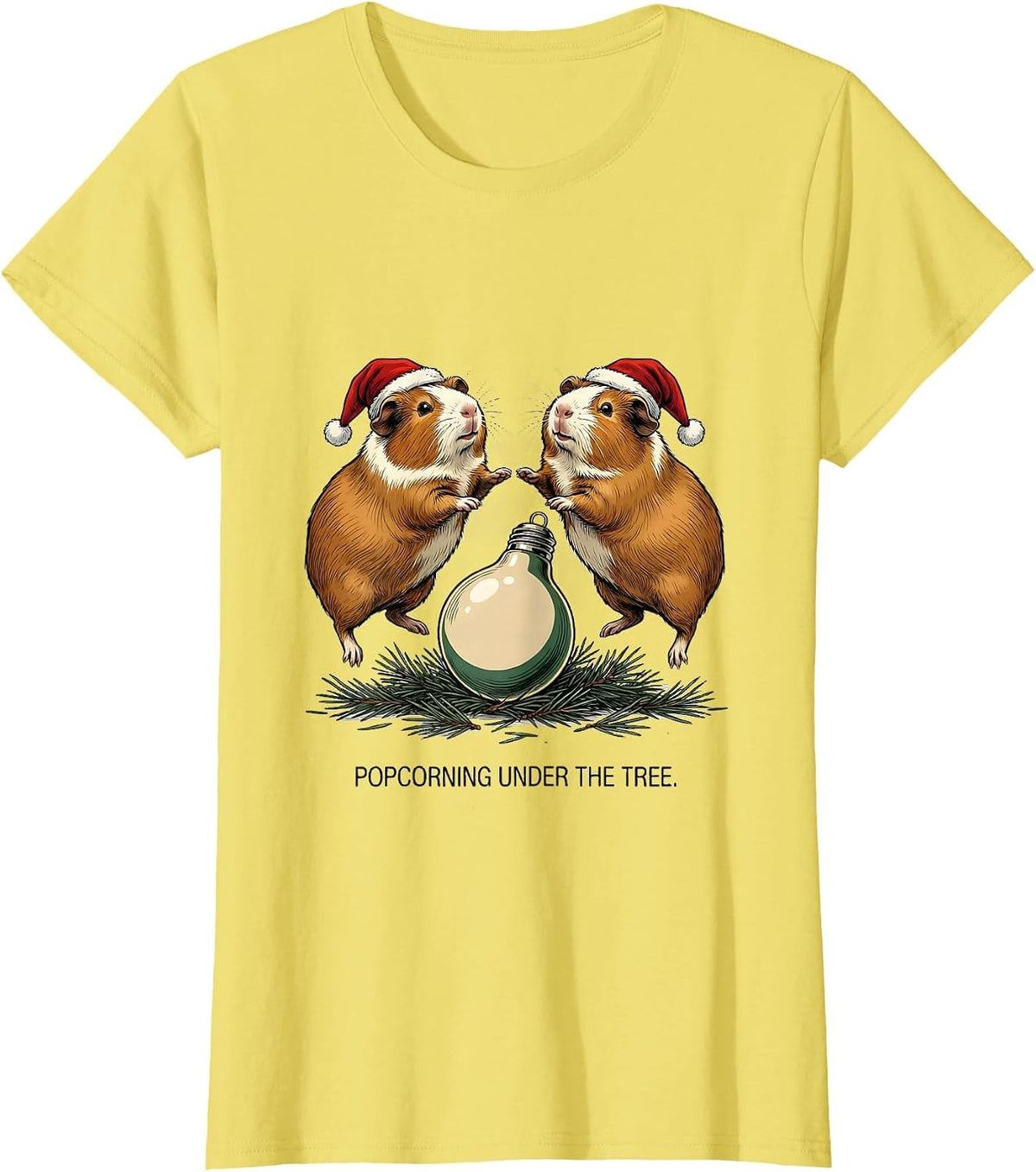 Women's Popcorning Under The Tree Funny Guinea Pig Christmas Santa T-Shirt - Lemon Yellow